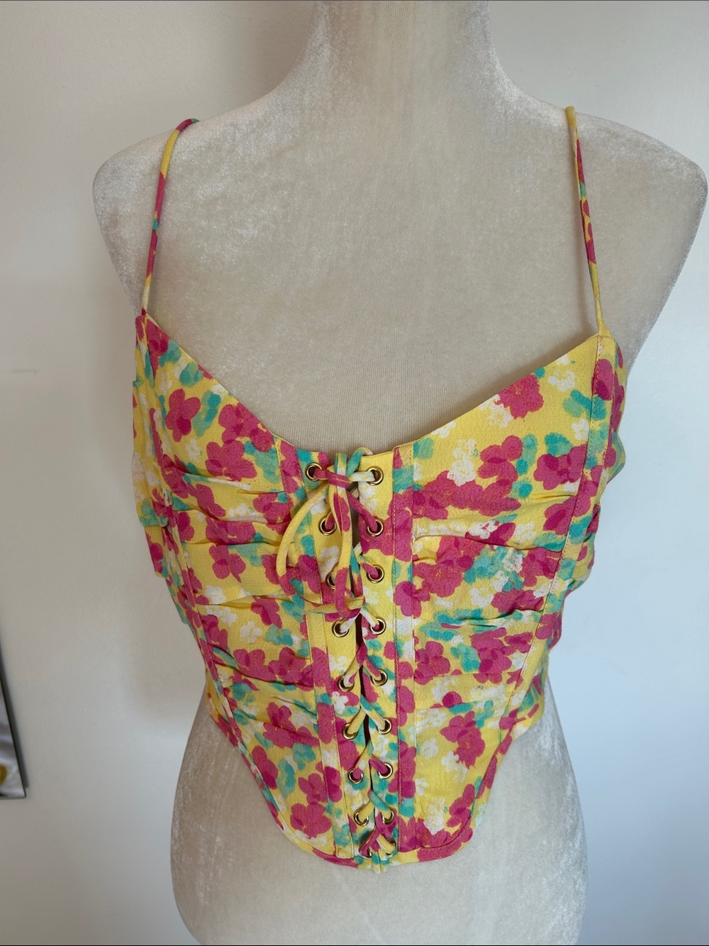 Yellow Floral Lace-Up Corset Tank Top